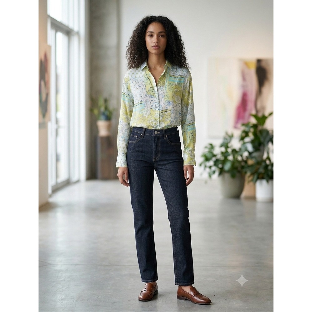 Zara Patchwork Paisley Floral Satin Blouse Lime Green Blue XS Button Down Shirt